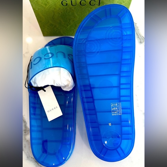 Gucci men’s blue clear, rubber slides NWT - Picture 5 of 8